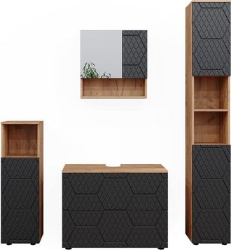 Vicco Conjunto De Muebles De Ba&ntilde;o Irma, Rayas Antracita, 4 Piezas, Con Cajonera Y Mueble Alto