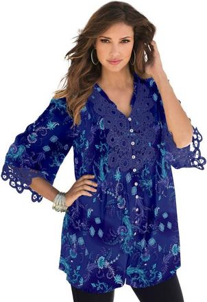 Roaman's Plus Size Juliet Lace Trim Button Down Shirt in Evening Blue Intricate Paisley at Nordstrom, Size 32