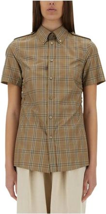 Burberry Geruit Katoen Poplin Shirt met Korte Mouwen - Dames - Overhemden - Bruin - 3XS - Katoen - Overhemden