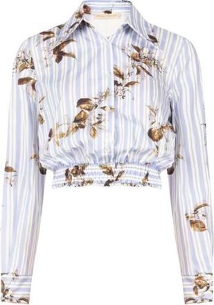 Rinascimento Korte gestreepte bloemenblouse - Dames - Overhemden - Blauw - S - Katoen - Overhemden