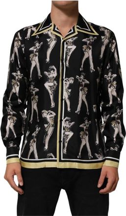Dolce & Gabbana Silk Pin Up Printed Button Down Shirt - Heren - Casual Overhemden - Zwart - S - Overhemden