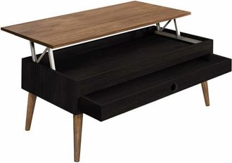 HOGAR 24 Alice Mesa Centro Elevable Madera Maciza Con Caj&oacute;n Deslizante Color Negro Y Cera