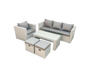 Fimous Rattan Garden Furniture Set 5 Pieces Outdoor Garden Sofa Oblong Coffee Table Set with Chair 2 Small Footstools Light Grey Mixed