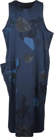 Yohji Yamamoto Blue Asymmetrical Floral Linen-Blend Dress