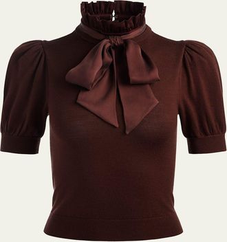 Alice & Olivia Chase Puff-Sleeve Ruffle-Neck Sweater