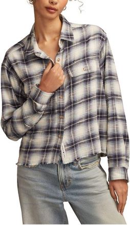 Lucky Brand Plaid Cotton Cropped Raw Hem Button-Up Shirt in Navy Blue Plaid at Nordstrom, Size Xx-Large