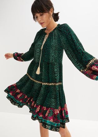 Bonprix Tunikakleid BONPRIX Tunika-Kleid aus fliessender Viskose, Damen, Gr. 38, N-Gr, gr&uuml;n (dunkelgr&uuml;n leo bedruckt), Obermaterial: 100% Viskose, A-Linie, Kl