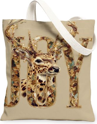 Generic Joyful Deer Canvas Tote Bags, Rustic Animal Print Reusable Grocery Bags, Holiday Chic Lightweight Washable Shoulder Strap C, Beige, 13x15 Inch