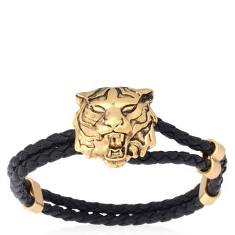 Roberto Cavalli Black Leather Tiger Head Bracelet