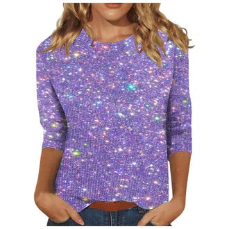 Generic Sparkly Tops for Women UK 3/4 Sleeve Shirts Trendy Casual T-Shirts Sparkle Sequin Tops Evening Party Clubbing Tshirt Plus Size Glitter Tees Loose Fit 