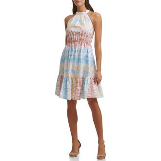Kensie Tie Dye Sleeveless Cotton Fit & Flare Dress in White Multi at Nordstrom Rack, Size 14