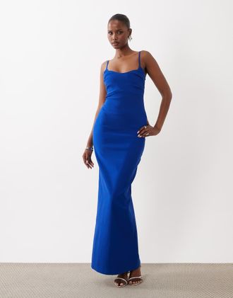 Vesper Vestito lungo con spalline sottili arricciato in bengalina color cobalto-Blu