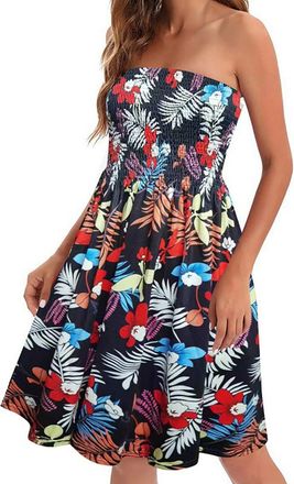 Generic Women Bandeau Dresses Retro Floral Printed Sleeveless Summer Dresses for Women Elasticated Bust Pleated Party Dress Ladies Sexy Strapless Sundress Boo