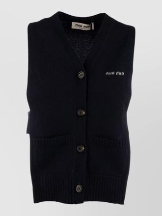 Miu Miu knit top front pockets ribbed hem sleeveless
