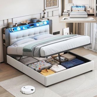 OEM Cama Lit 140x200 Cm Blanco Terciopelo Con Led Y Cargador Inal&aacute;mbrico - Somier De Lamas