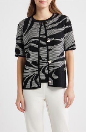 Anne Klein Ottoman Jacquard Short Sleeve Cardigan in Anne Black/White Dove at Nordstrom, Size Xx-Small