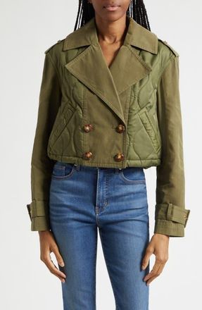 Veronica Beard Harris Crop Mixed Media Double Breasted Jacket in Stone Army at Nordstrom, Size X-Large