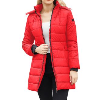 Generic Womens Down Jackets With Hood | Puffer Jackets Women Longline Winter Coats Comfortable Quilted Coat Solid Color Trench Coat Thermal Padded Jacket Zip 