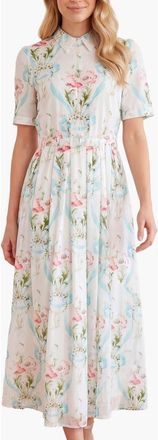 Needle & Thread Floral Ribbon Cotton Short Sleeve Dress in Optic White/blue at Nordstrom, Size 10