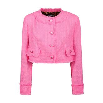 Dolce & Gabbana Tweed Jackets, female, Pink, Size: 2XL Pink Short Tweed Jacket with Leopard Print Lining