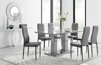 Furniturebox Imperia 6 Grey Dining Table & 6 Velvet Milan Black Leg Chairs
