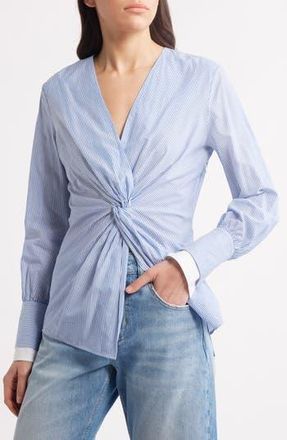 BOSS Bawari Stripe Twist Front Cotton Shirt in Chambray Blue Stripe at Nordstrom Rack, Size 10