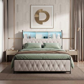 OEM Cama 180x200 Con Somier, 4 Cajones, Led Integrada, Carga Usb, Cabecero, Cama De 2 Plazas Con Almacenamiento, Terciopelo, Beige