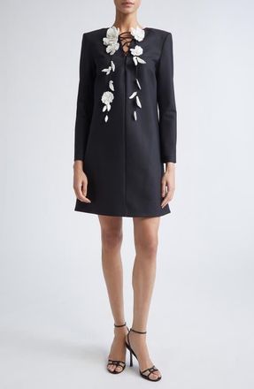 Oscar De La Renta Floral Embellished Long Sleeve Shift Dress in Black at Nordstrom, Size 10