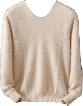 Generic Mens 100% Mink Cashmere Sweater V Neck Pullovers Knit Sweater Long Sleeve Basic Jumpers Tops Beige XL