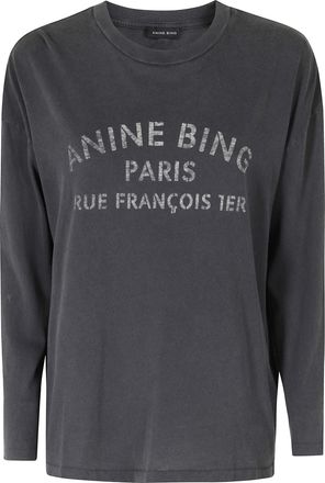 Anine Bing Black Ivan Paris Stencil Long-Sleeve Cotton T-Shirt