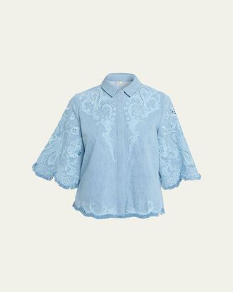 Kobi Halperin Hadley Floral Embroidered Denim Blouse