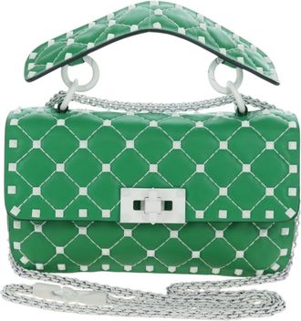 Valentino Garavani Free Rockstud Spike Flap Quilted Leather Green Leather Handbag (Pre-Owned)