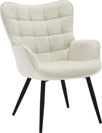 Woltu Woltu Sill&oacute;n Con Respaldo Alto Y Reposabrazos. Asiento De Pana. Patas De Metal. Estampado De Cuadros. Crema