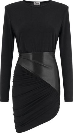 Andamane Black Asymmetrical Draped Synthetic Leather Jersey Mini Dress