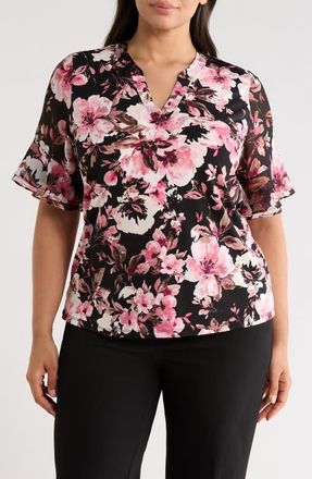 Anne Klein Floral Ruffle Elbow Sleeve Top in Anne Black Multi at Nordstrom, Size 2 X