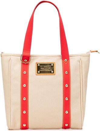 Louis Vuitton Beige Red Color Canvas Leather Shoulder Bag Tote Bag (Pre-Owned)