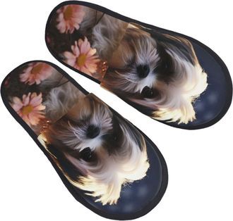 Generic Fluffy Slippers Shih Tzu Dog And Flowers Unisex Fleece Slippers Soft House Shoes For Bedroom Men Home L