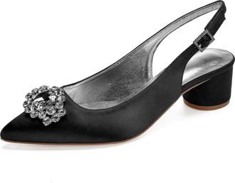 Generic Slingback Wedding Heels Womens Bridal Pointed Toe Chunky Heels Prom Evening Formal Party Pumps Shoes 4.5Cm,Black,7 UK