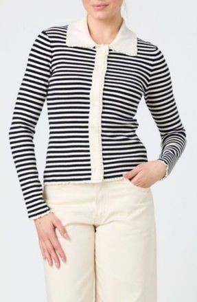 French Connection Stripe Lace Trim Collared Cardigan in Navy/Cream at Nordstrom Rack, Size X-Large