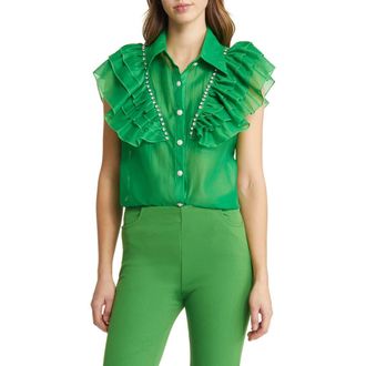 Nikki Lund Holly Rhinestone Ruffle Button-Up Blouse in Bright Green at Nordstrom, Size Small