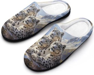 Generic Snowy Leopard Family Womens Slippers Warm House Slippers Indoor House Shoes with Anti-Skid Rubber Sole