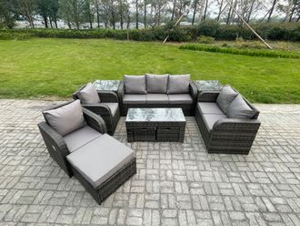 Fimous 10 Seater Outdoor Rattan Garden Furniture Set Rattan Lounge Sofa Set with Rectangular Coffee Table 2 Side Tables 3 Footstools Dark Grey Mixed