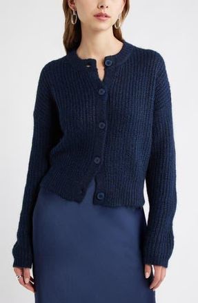 Open Edit Fuzzy Crewneck Cardigan in Navy Iris at Nordstrom Rack, Size X-Large