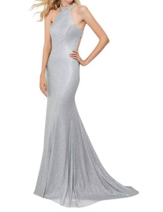 Angela & Alison Sequin Halter Prom Dress In Silver
