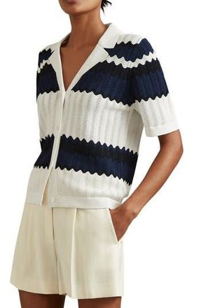 Reiss Alba Stripe Button-Up Polo Sweater in Navy/White at Nordstrom Rack, Size X-Small