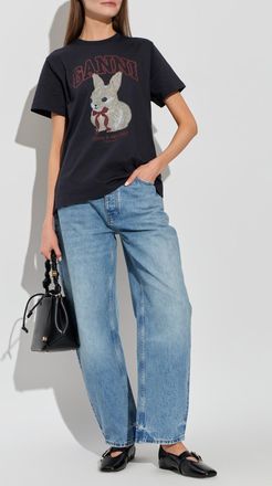 Ganni T-shirt With A Colorful Print, Womens, Black