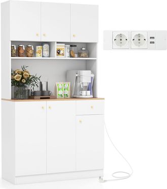 Costway Armario Alacena De Cocina Mueble, Aparador Cocina Con Tomas De Corriente, Puertos Usb, Kits Antivuelco Y Estantes Ajustables De 3 Posiciones, Mueble A