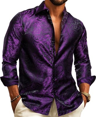Barry.Wang Men Dress Shirts Paisley Silk Long Sleeve Button Big and Tall Down Shirt Fashion Leisure Wedding Party Prom Purple S-3XL