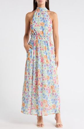 Sugarlips Ezia Garden Jetter Halter Maxi Dress in Blue-Pink-Yellow at Nordstrom, Size X-Large