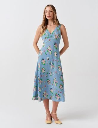 Ghost London Elise Floral Pintuck Crepe Midi Dress in Blue Floral at Nordstrom, Size 16